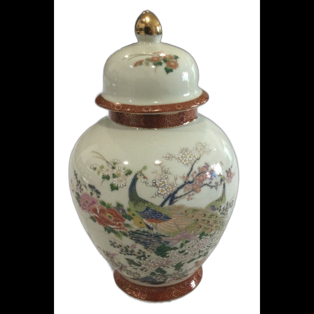 Vintage Satsuma Ginger Jar with Lid Peacock Floral Light Crackle